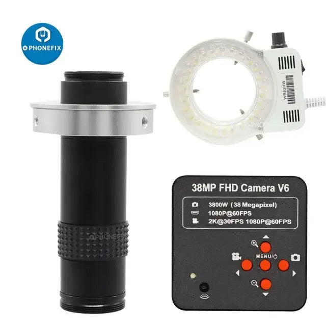 PHONEFIX 38MP HD HDMI Microscope Camera with 40mm lens, 120x zoom, white LED, ideal for iPhone soldering and industrial repairs.