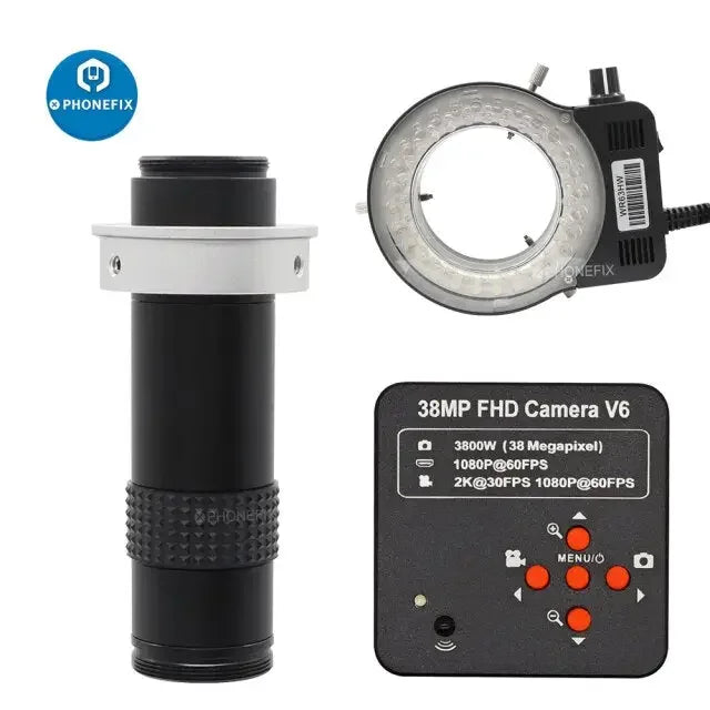 PHONEFIX 38MP microscope camera with 60FPS HD HDMI output, 40mm lens, 120x magnification, white LED for industrial soldering repairs.