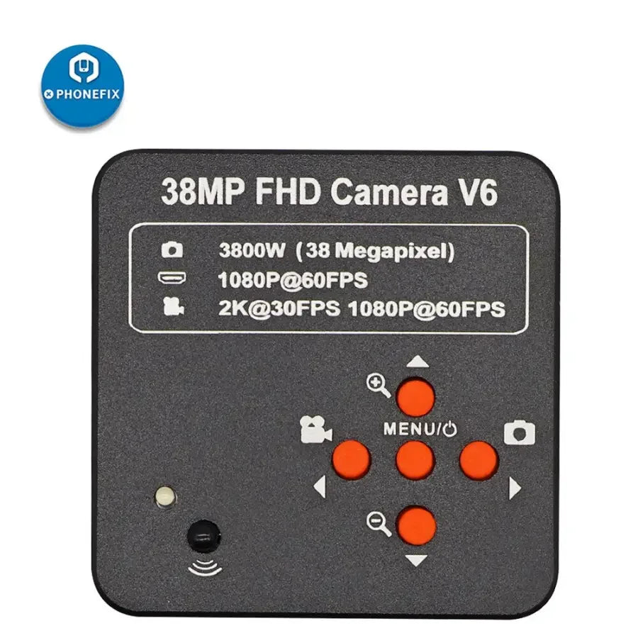PhoneFix 38MP HDMI Microscope Camera with 40mm lens, 120x magnification, white LED, for industrial inspection and iPhone soldering repair.