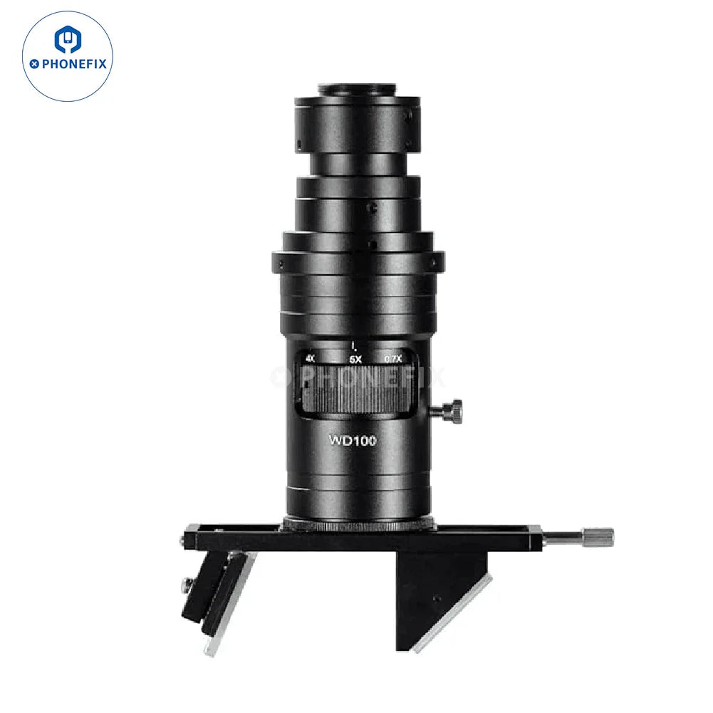 PHONEFIX 3D 0.7X-5X C-Mount lens for 4K HDMI microscope camera, showing the adjustable lens with mounting hardware.