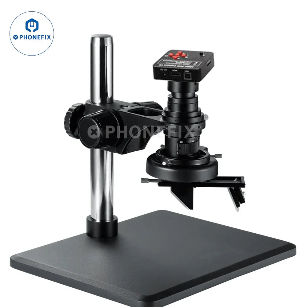 PhoneFIX 3D 0.7X-5X C-Mount lens with HDMI 4K microscope camera, showing the compact lens and camera connected for detailed imaging.