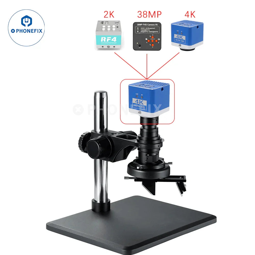 PHONEFIX 3D 0.7X-5X C-Mount Lens for 4K HDMI Microscope Camera, focusing on the lens and camera setup in the image.