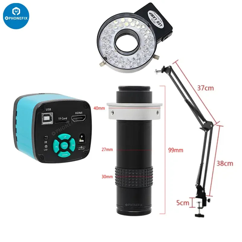 Caméra de microscope numérique industrielle PHONEFIX 48MP 4K avec objectif 130X, montrant les détails de la caméra et de l'objectif sur un fond propre.
