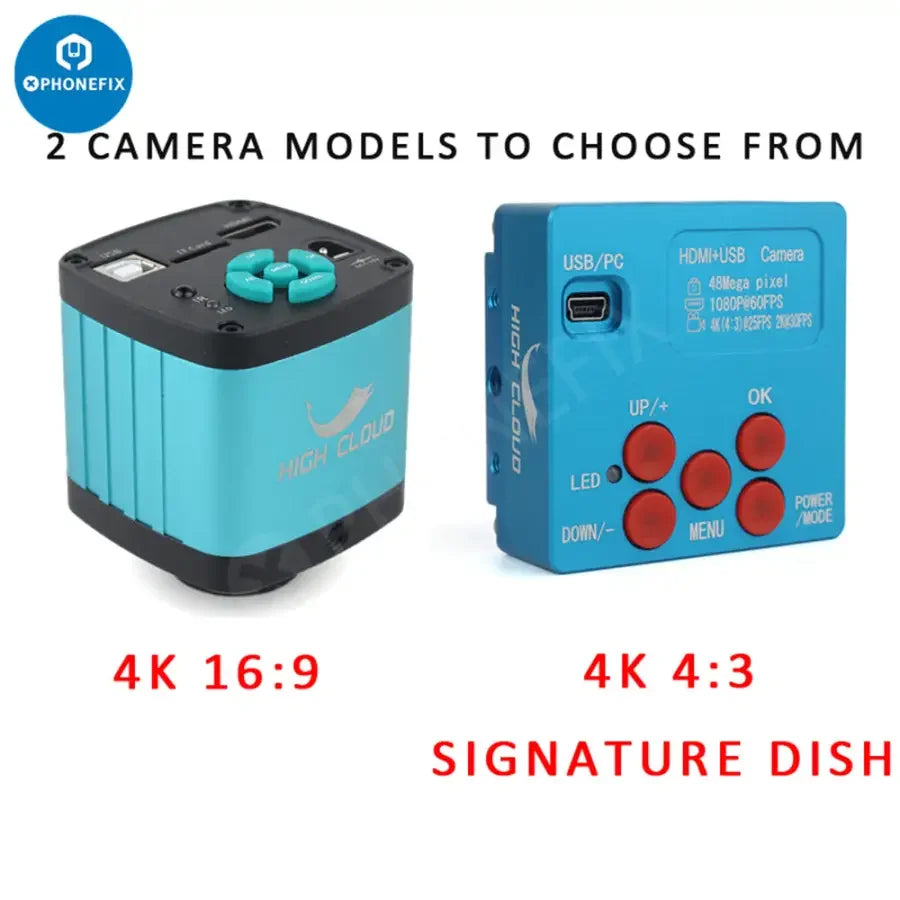 Caméra de microscope numérique industrielle PHONEFIX 48MP 4K avec objectif 130X, montrant les détails du boîtier et de l'objectif.