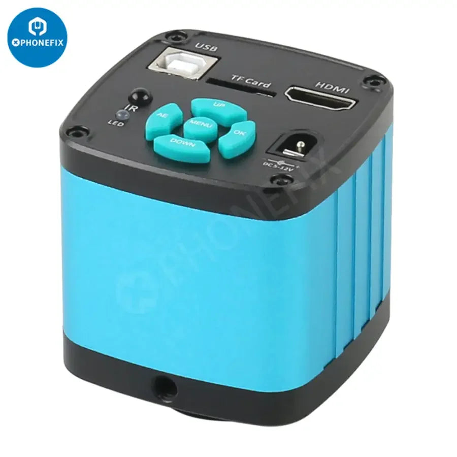 Ensemble caméra et microscope numérique industriel PHONEFIX 48MP 4K avec objectif 130X, montrant les composants de la caméra et du microscope.