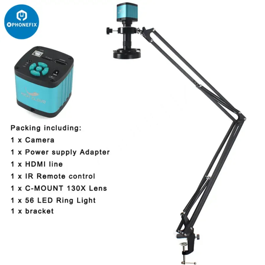 Ensemble caméra et microscope numérique industriel PHONEFIX 48MP 4K avec objectif 130X, montrant les composants de la caméra et du microscope.