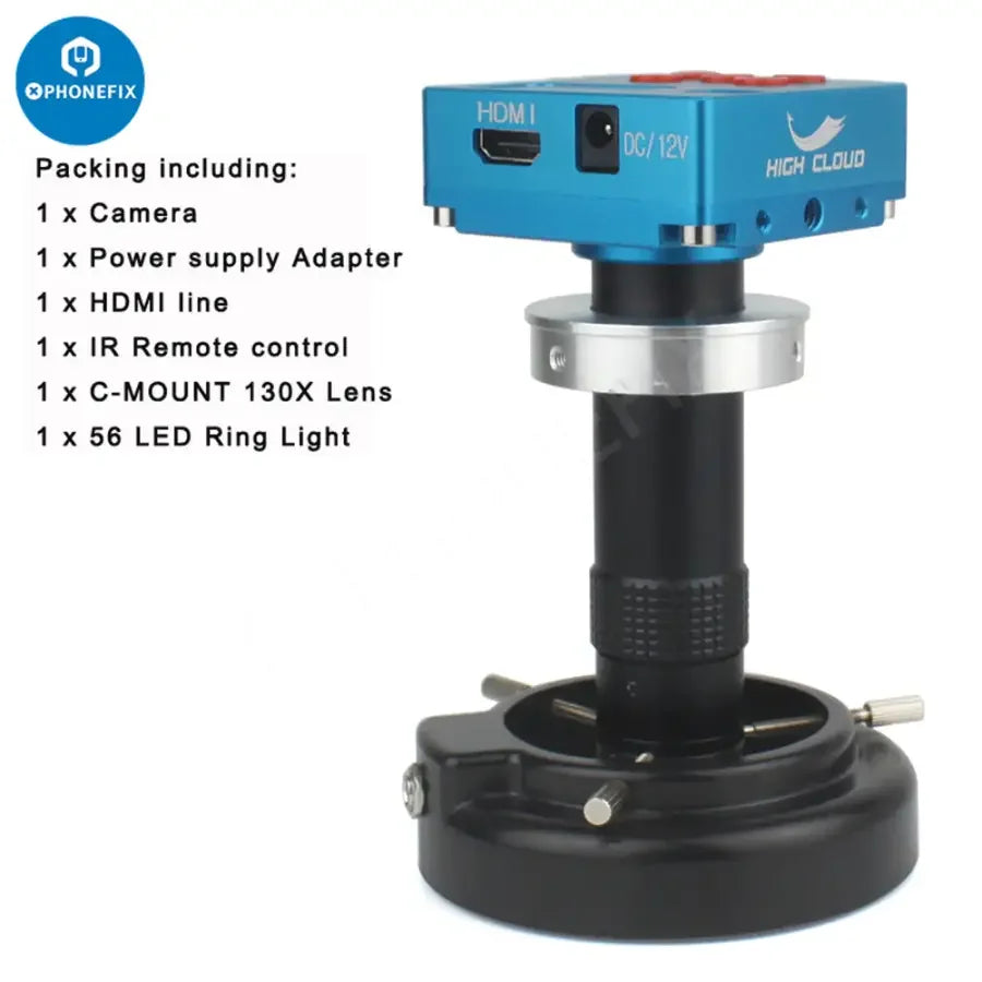 Ensemble caméra et objectif 130X pour microscope numérique industriel PhoneFix 48MP 4K, montrant une vue rapprochée de la caméra et de l'objectif du microscope.