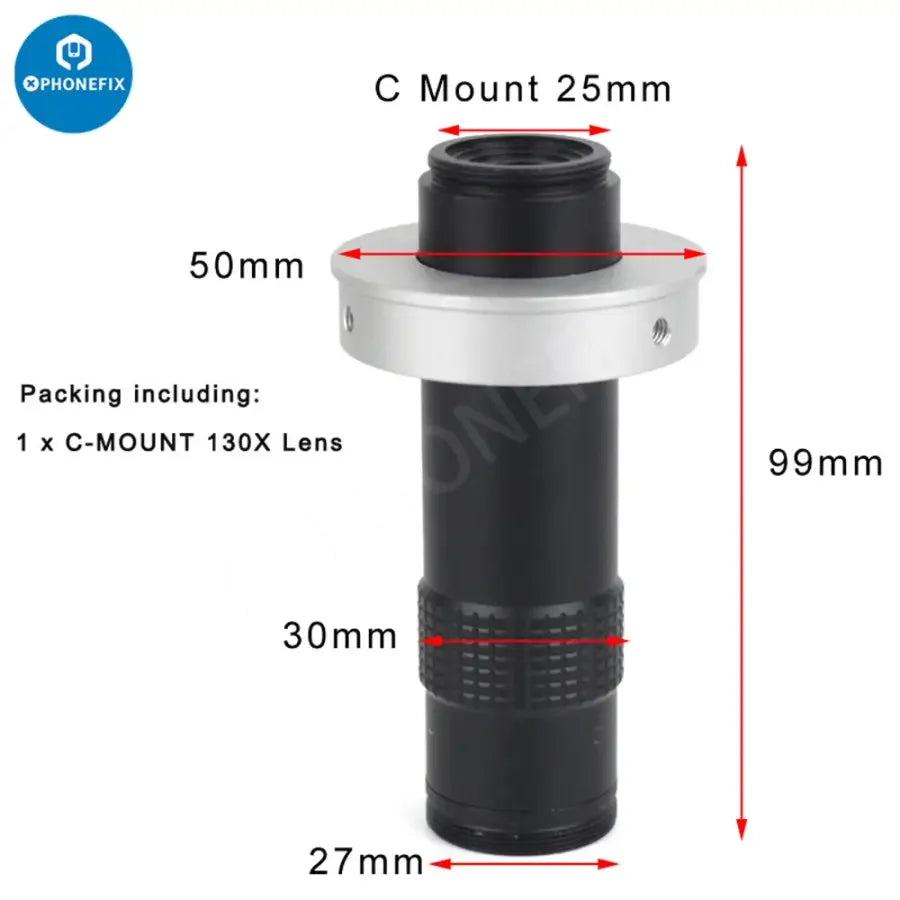 Ensemble caméra et microscope numérique industriel PHONEFIX 48MP 4K avec objectif 130X, montrant les composants de la caméra et du microscope.