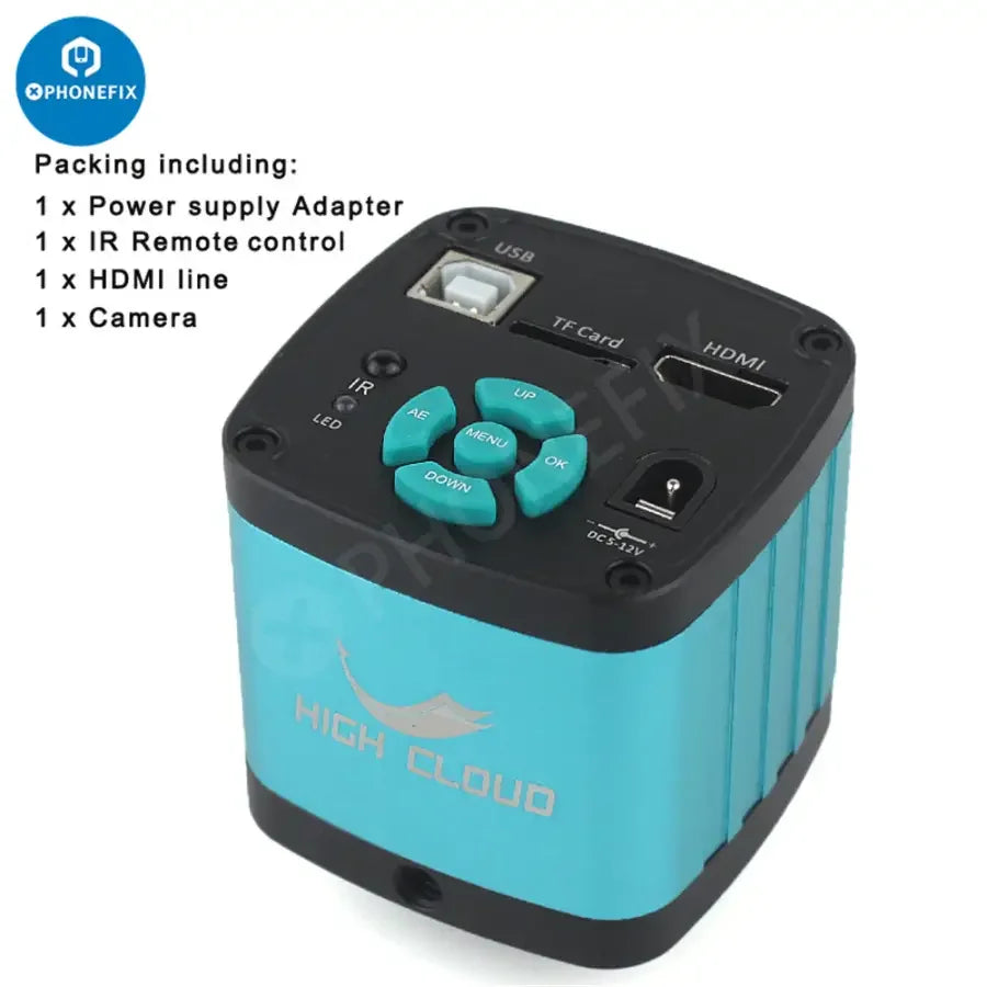 Ensemble caméra et microscope numérique industriel PhoneFix 48MP 4K avec objectif 130X, présentant les détails de la caméra et de l'objectif pour une imagerie haute résolution.
