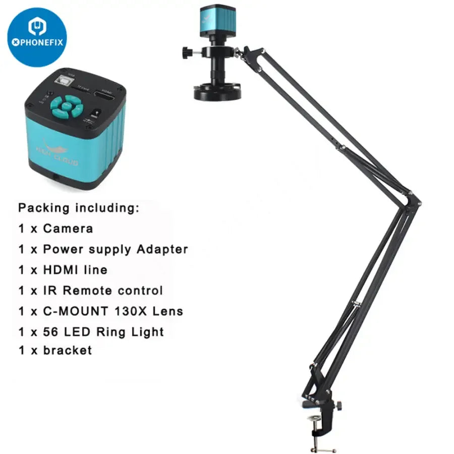 Ensemble caméra microscope numérique industrielle PHONEFIX 48MP 4K avec objectif 130X, présentant l'appareil photo compact et ses accessoires.