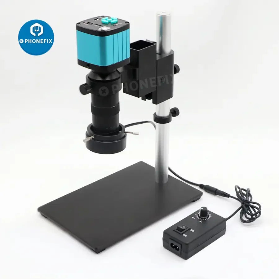 PHONEFIX 48MP 4K HDMI USB Microscope Camera with C-mount lens, showing detailed close-up view of a microscopic sample.