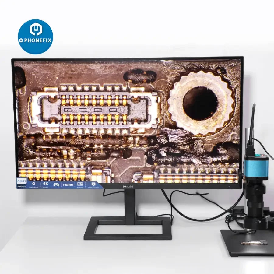 PHONEFIX 48MP 4K HDMI USB microscope camera with C-mount lens, featuring 180x and 130x magnification for detailed imaging.