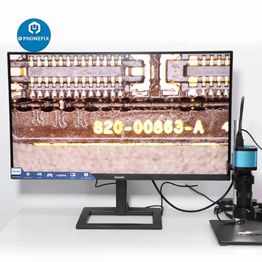 PHONEFIX 48MP 4K HDMI USB Microscope Camera with C-mount lens, showing detailed close-up view at 180X and 130X magnifications.