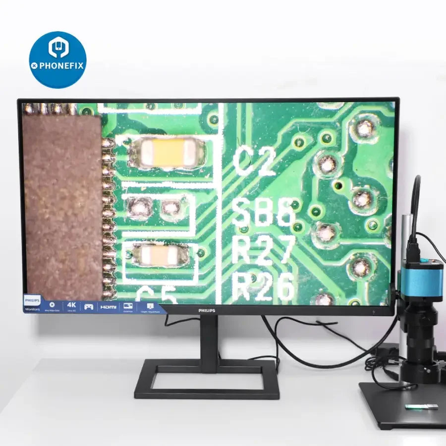 PHONEFIX 48MP 4K HDMI USB microscope camera with C-mount lens, featuring 180X and 130X magnification.