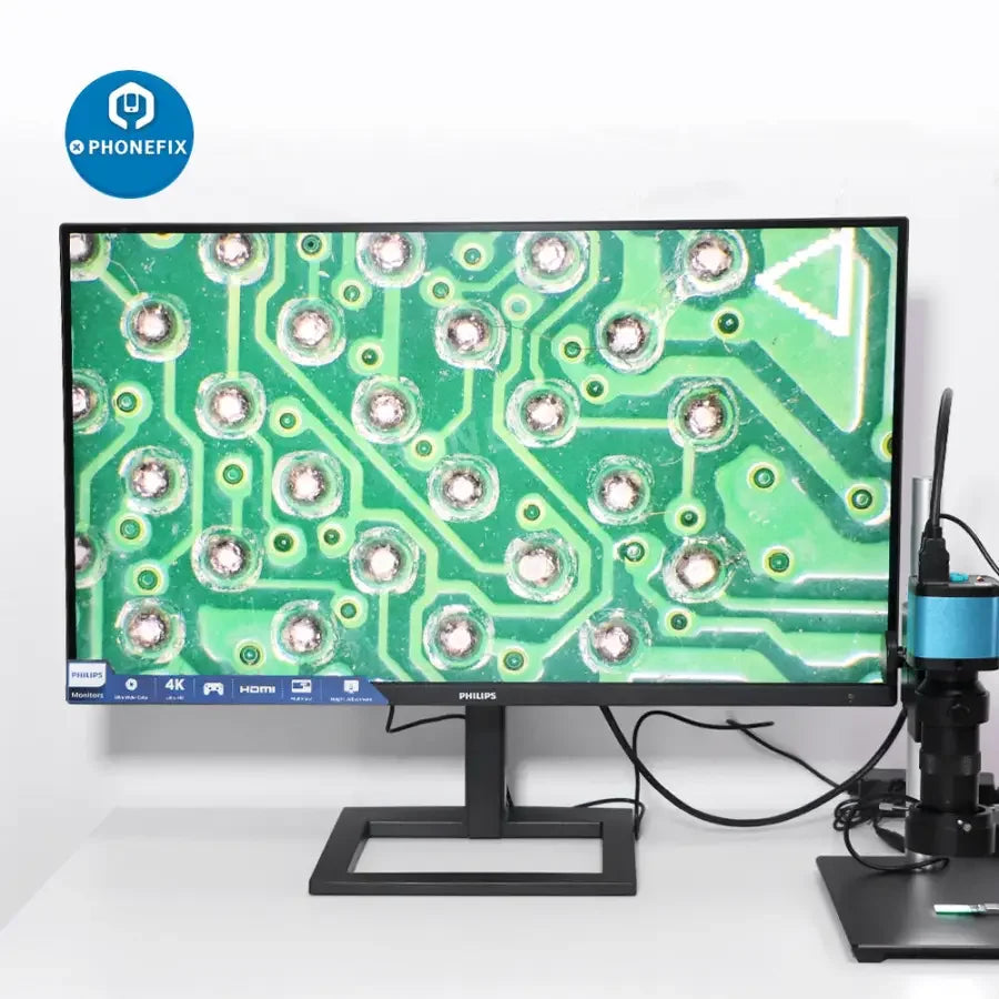 PHONEFIX 48MP 4K HDMI USB Microscope Camera with C-mount lens, showing detailed close-up view of a specimen under high magnification.