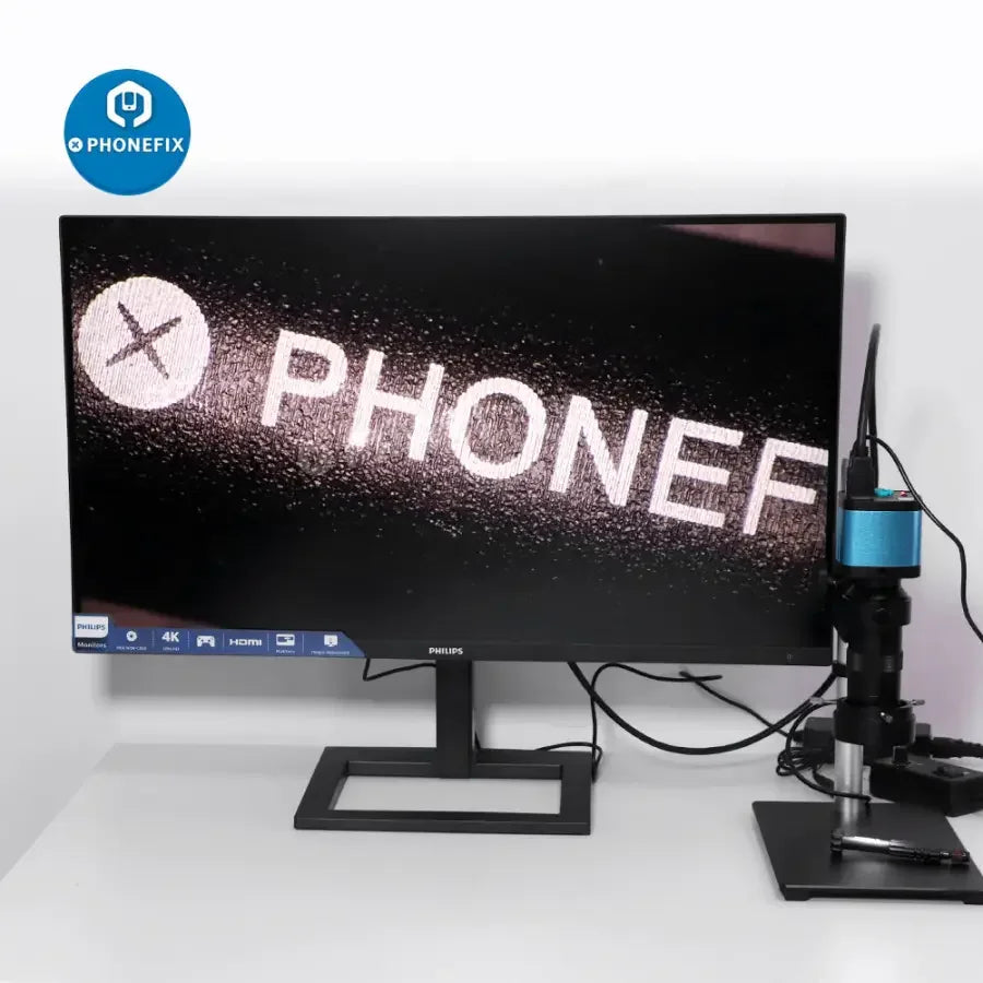 PHONEFIX 48MP 4K HDMI USB Microscope Camera with C-Mount lens, featuring 180x and 130x magnification for detailed imaging.