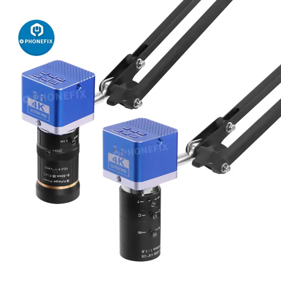 4K industrial microscope camera by PHONEFIX mounted on a cantilever universal bracket stand, showing detailed camera lens and mounting hardware.