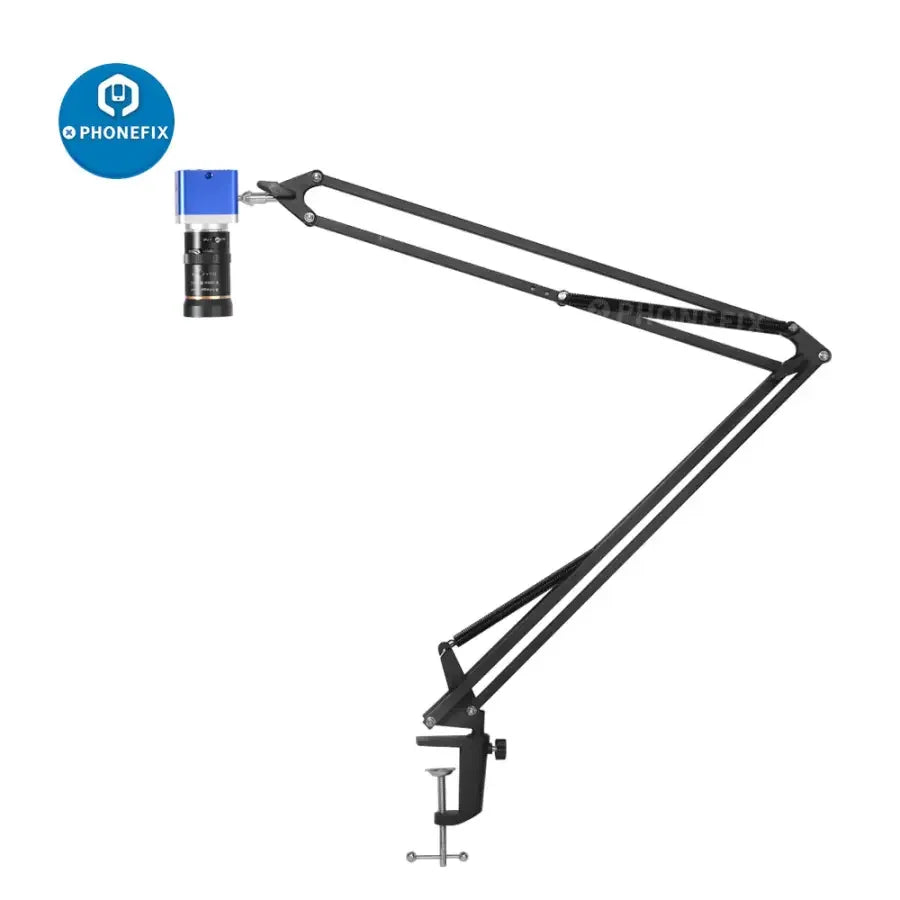 PHONEFIX 4K industrial microscope camera mounted on a cantilever universal bracket stand, showcasing detailed microscopic imaging capabilities.