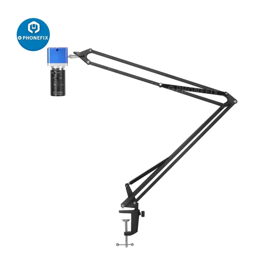 4K industrial microscope camera with cantilever universal bracket stand by PHONEFIX, showing the camera mounted on a professional microscope setup.