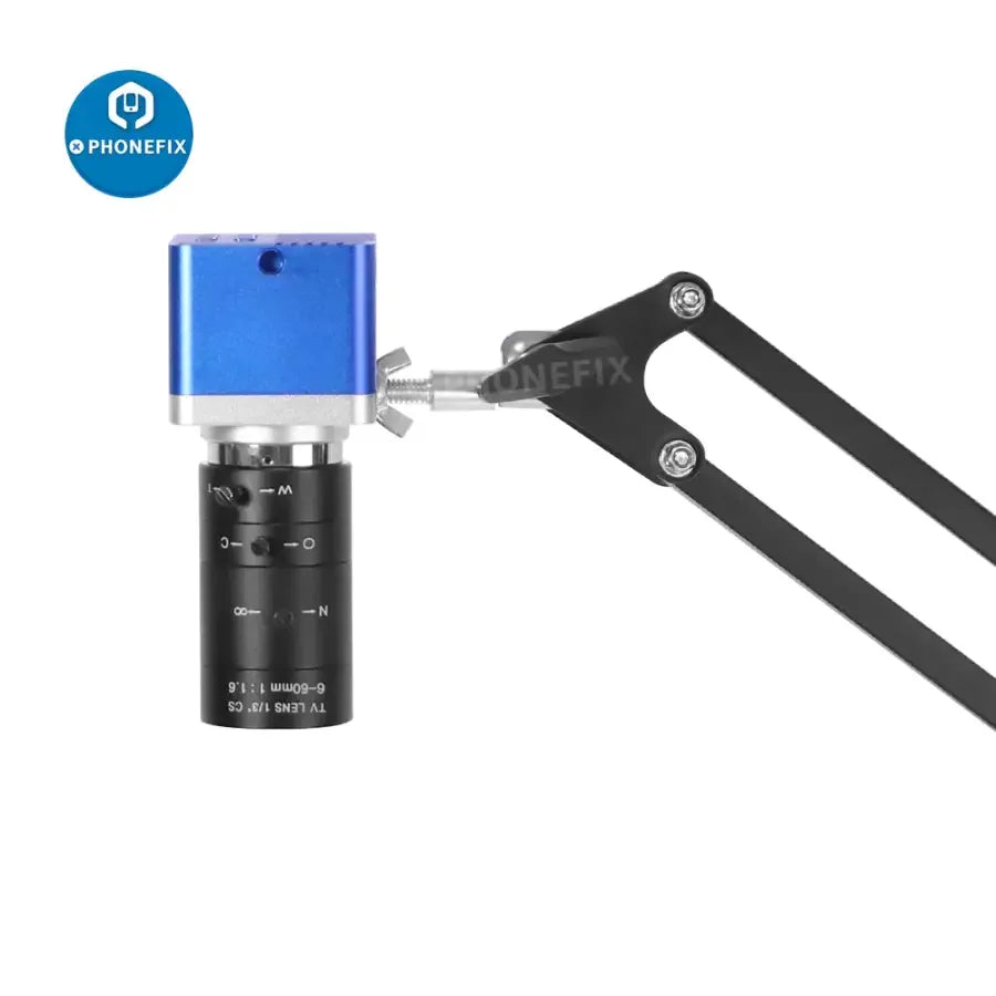 PHONEFIX 4K industrial microscope camera mounted on a cantilever universal bracket stand for detailed magnified imaging.