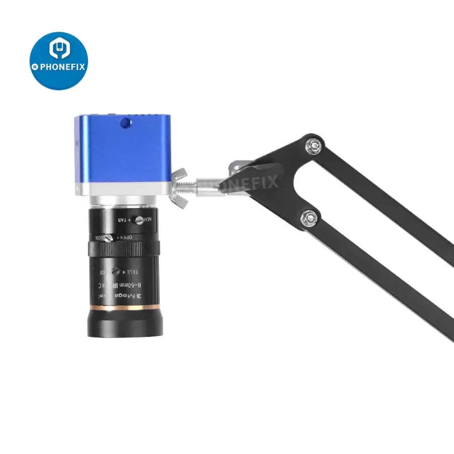 4K industrial microscope camera by PHONEFIX mounted on a cantilever universal bracket stand, showing detailed lens and camera body.