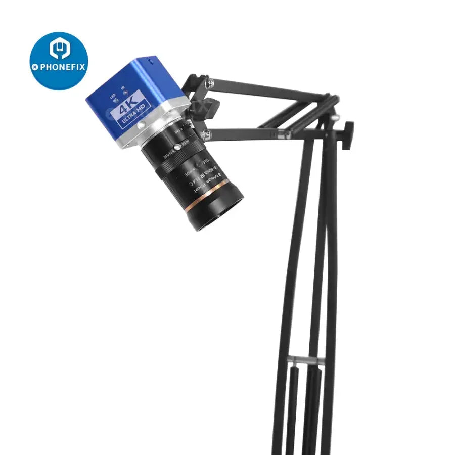 4K industrial microscope camera by PHONEFIX mounted on a cantilever universal bracket stand for detailed magnified imaging.