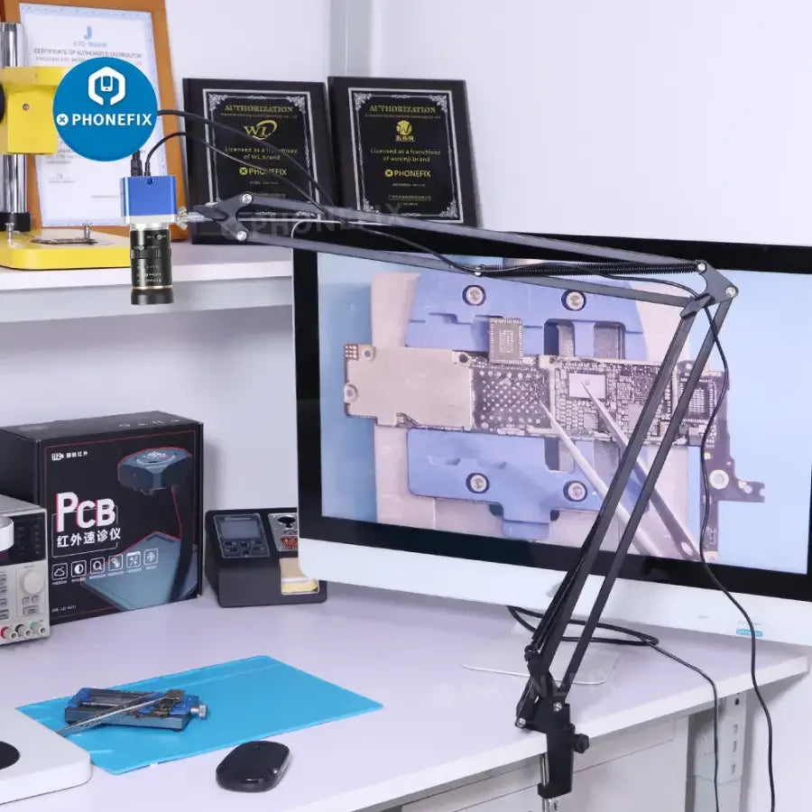 PHONEFIX 4K industrial microscope camera mounted on a cantilever universal bracket stand, showing detailed lens and camera setup.