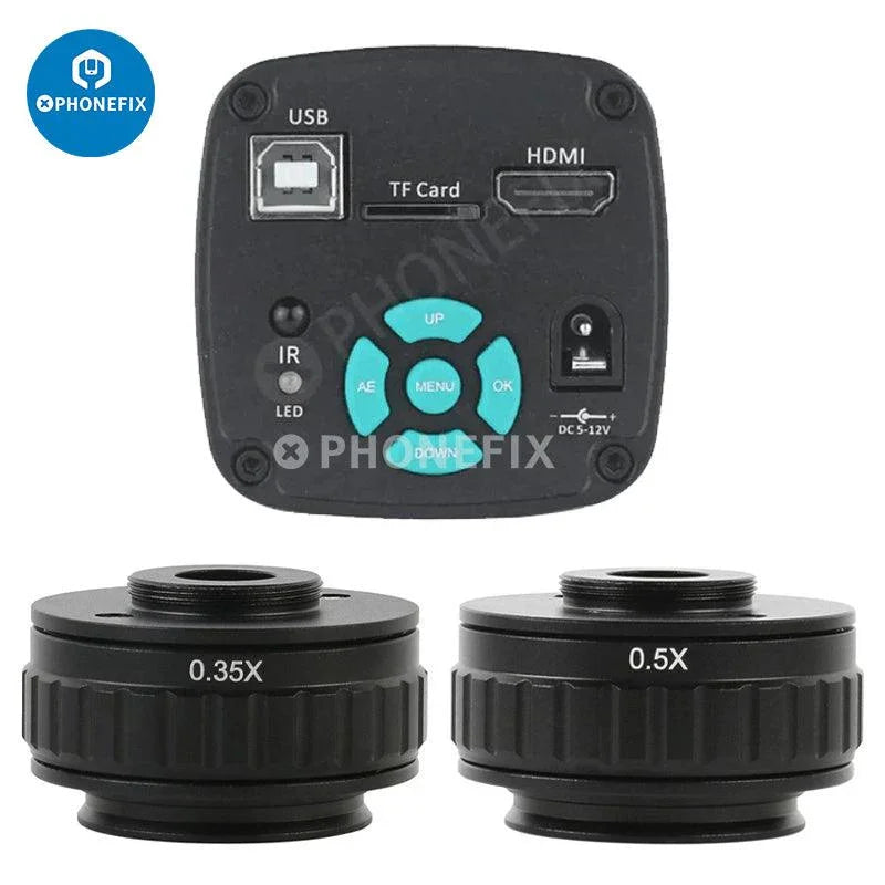 PHONEFIX 4K HDMI industrial microscope camera with trinocular stereo setup and 90x zoom for detailed inspection and video recording.