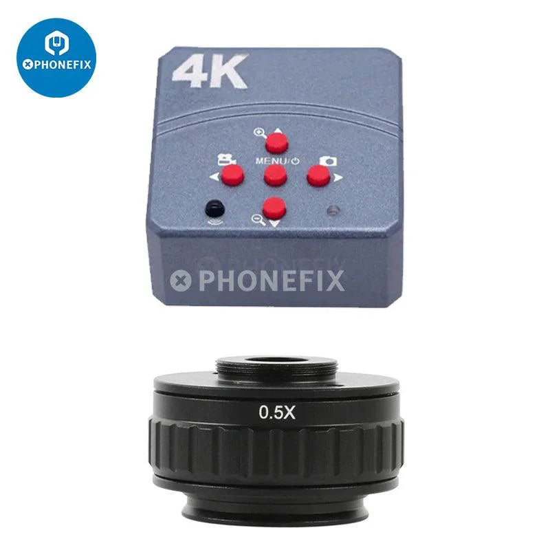 PHONEFIX 4K HDMI industrial microscope camera with trinocular stereo microscope, 90x zoom, digital video recording for detailed inspection.