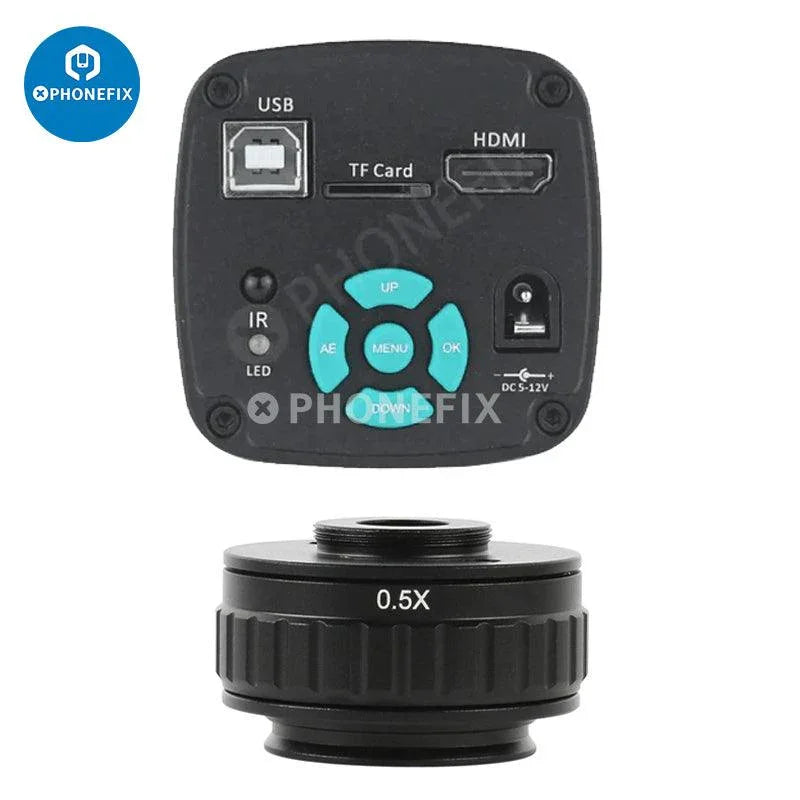 PHONEFIX 4K HDMI industrial microscope camera with 90x zoom, trinocular stereo setup, ideal for detailed inspection and repair work.