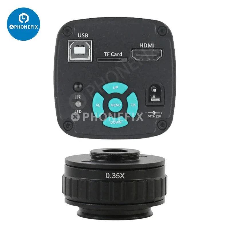 PHONEFIX 4K HDMI industrial microscope camera with trinocular stereo setup and 90x zoom for detailed video inspection and repair work.