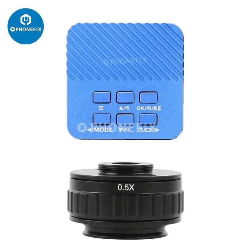 PHONEFIX 4K HDMI industrial microscope camera with trinocular stereo setup and 90x zoom for detailed video inspection.