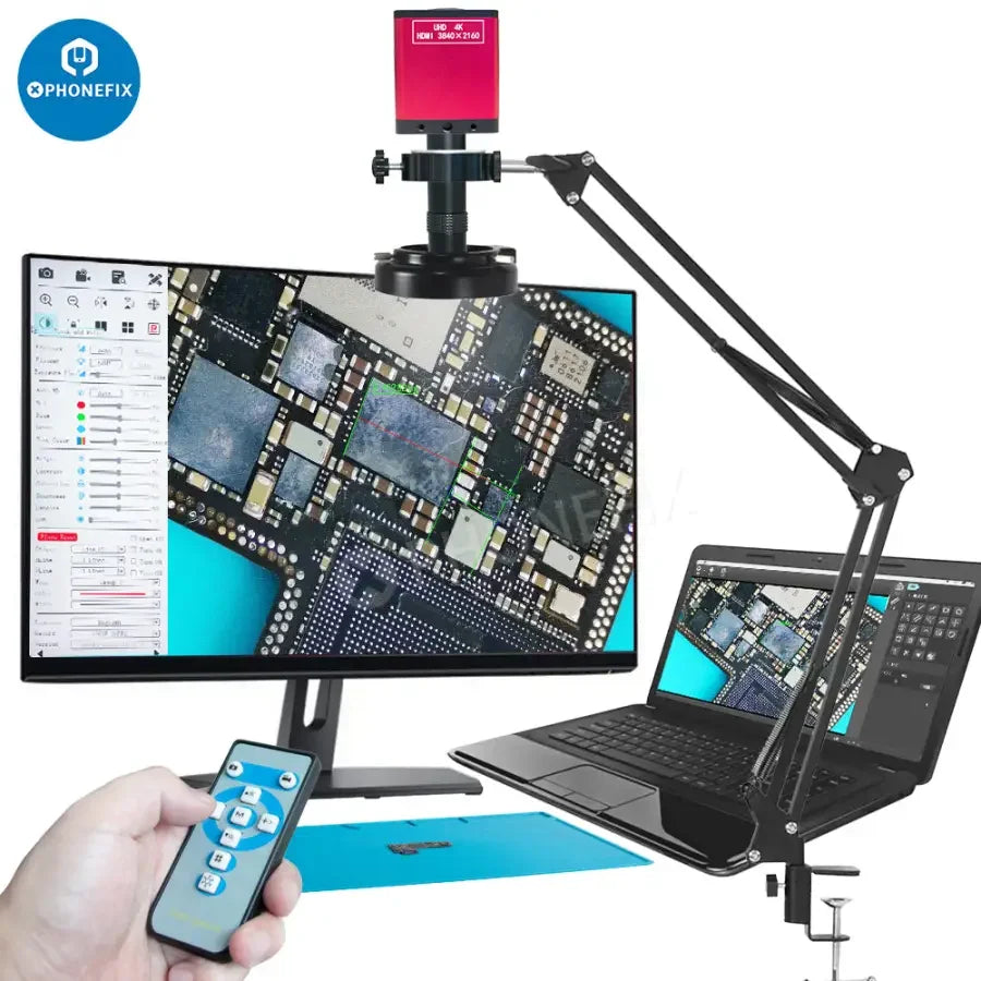 HDMI 48MP 4K USB microscope camera set with 130X lens and 56 LED lights, featuring PHONEFIX branding for detailed magnified imaging.
