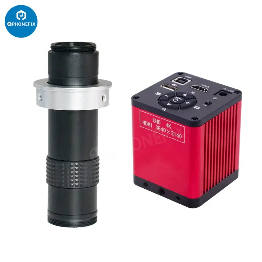 PHONEFIX HDMI 48MP 4K USB microscope camera set with 130X lens and 56 LED lights, showing detailed close-up view