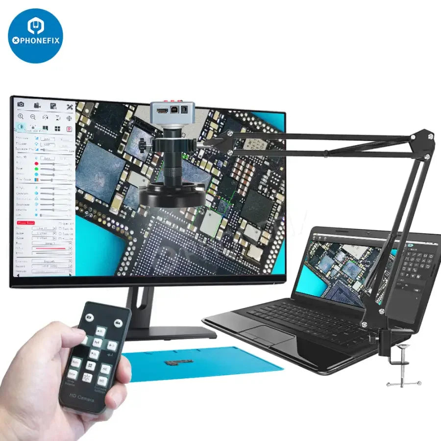 Caméra de microscope industriel PHONEFIX 4K HDMI USB avec objectif 130x, imagerie numérique haute résolution pour une inspection détaillée.