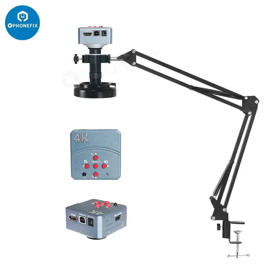 Caméra de microscope numérique industrielle PHONEFIX 4K HDMI USB avec objectif 130X, idéale pour les inspections détaillées en laboratoire ou en milieu industriel.