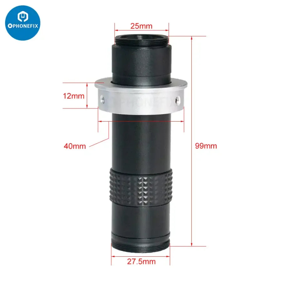 Caméra microscope numérique industrielle PHONEFIX 4K HDMI USB avec objectif 130X, présentant une vue rapprochée détaillée d'une carte de circuit imprimé.