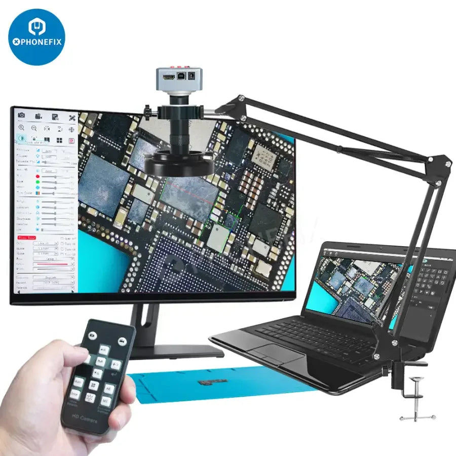 Caméra de microscope numérique industrielle PHONEFIX 4K HDMI USB avec objectif 130X, conçue pour l'imagerie et l'inspection rapprochées détaillées.
