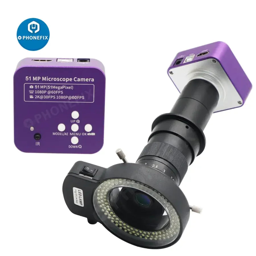 PHONEFIX 51MP 2K HDMI industrial microscope camera with 180X lens and ring light for detailed close-up imaging.