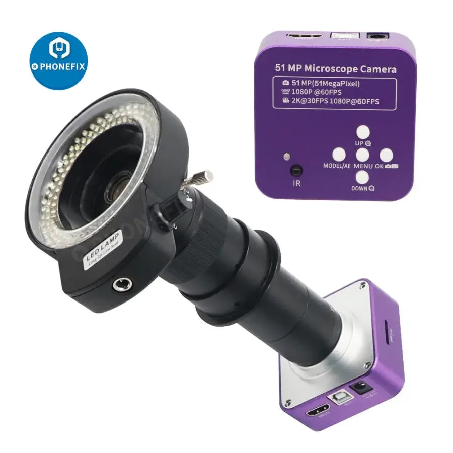 Caméra de microscope industriel PHONEFIX 51MP 2K HDMI avec objectif 180X et éclairage annulaire pour une imagerie microscopique détaillée.