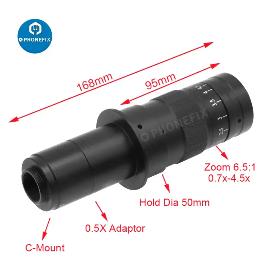 Caméra de microscope industriel PhoneFix 51MP 2K HDMI avec objectif 180x et éclairage annulaire pour une inspection détaillée et agrandie.