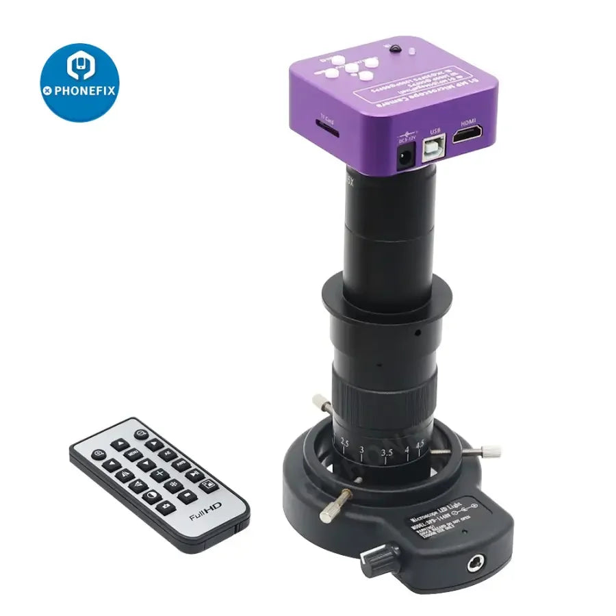 Caméra de microscope industriel PHONEFIX 51MP 2K HDMI avec objectif 180X et éclairage annulaire pour une imagerie agrandie détaillée.