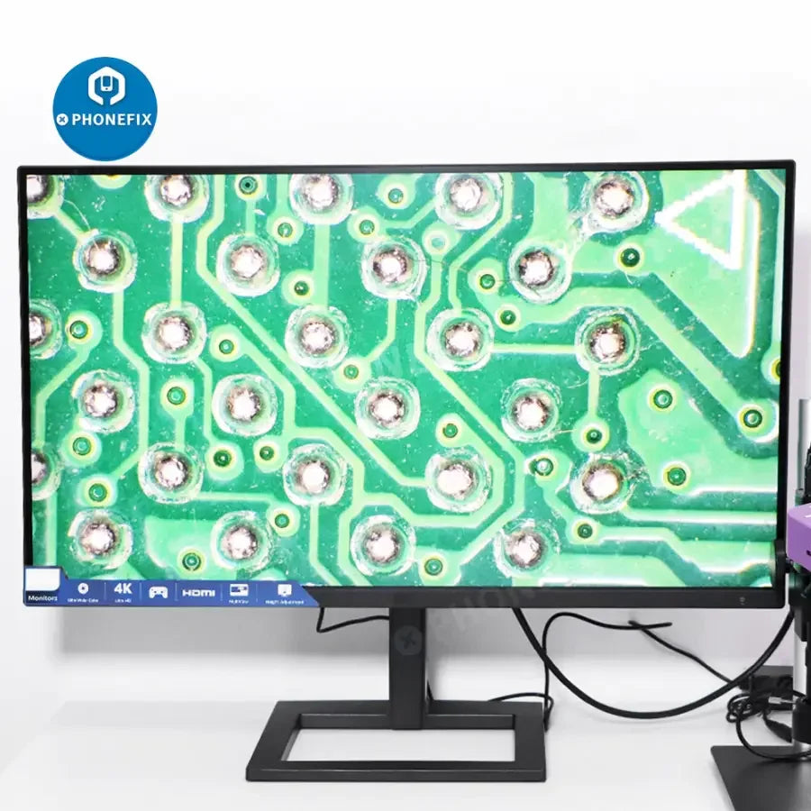 Caméra de microscope industrielle PHONEFIX 51MP 2K HDMI avec objectif 180X et éclairage annulaire, idéale pour l'imagerie microscopique détaillée.
