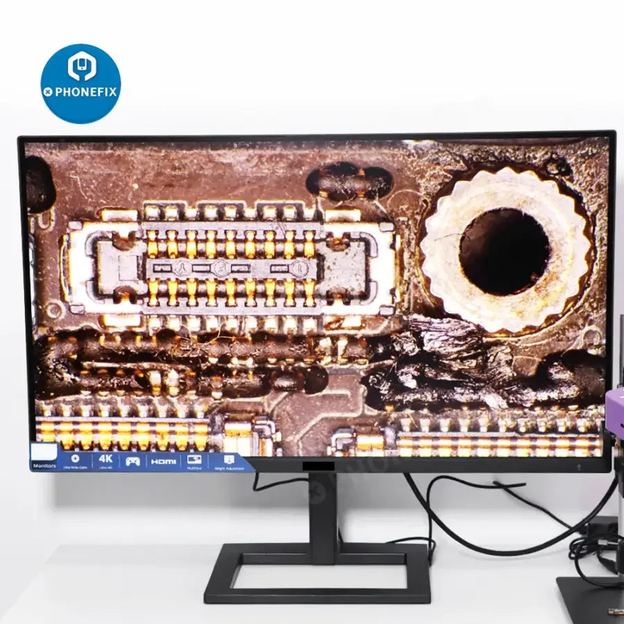 Caméra de microscope industriel PhoneFix 51MP 2K HDMI avec objectif 180x et éclairage annulaire pour une imagerie microscopique détaillée.