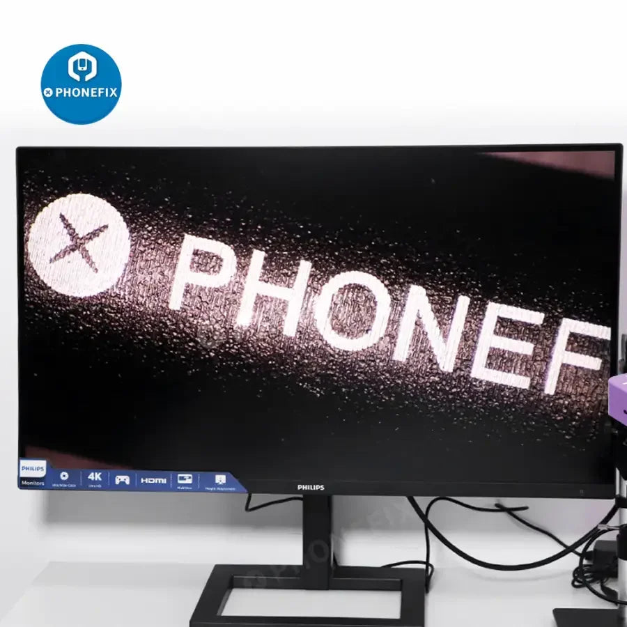 Caméra de microscope industriel PHONEFIX 51MP 2K HDMI avec objectif 180x et éclairage annulaire pour une inspection rapprochée détaillée.