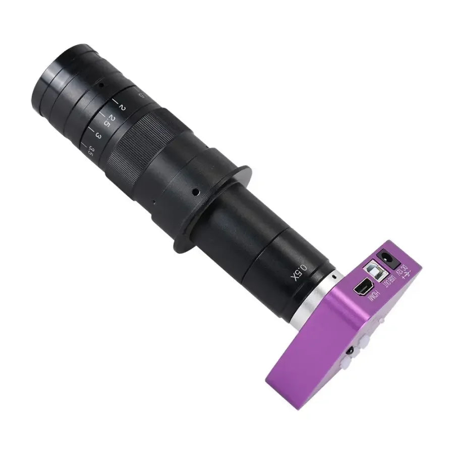 Caméra de microscope industriel PHONEFIX 51MP 2K HDMI avec objectif zoom 180x et éclairage annulaire pour une imagerie microscopique détaillée.