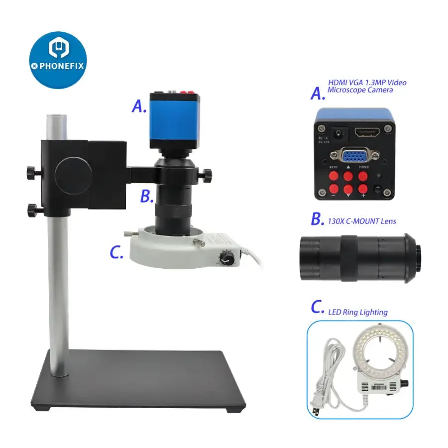 PHONEFIX 13MP HDMI VGA industrial microscope camera with 130X lens and 40 LED lights, ideal for detailed microscopic imaging.