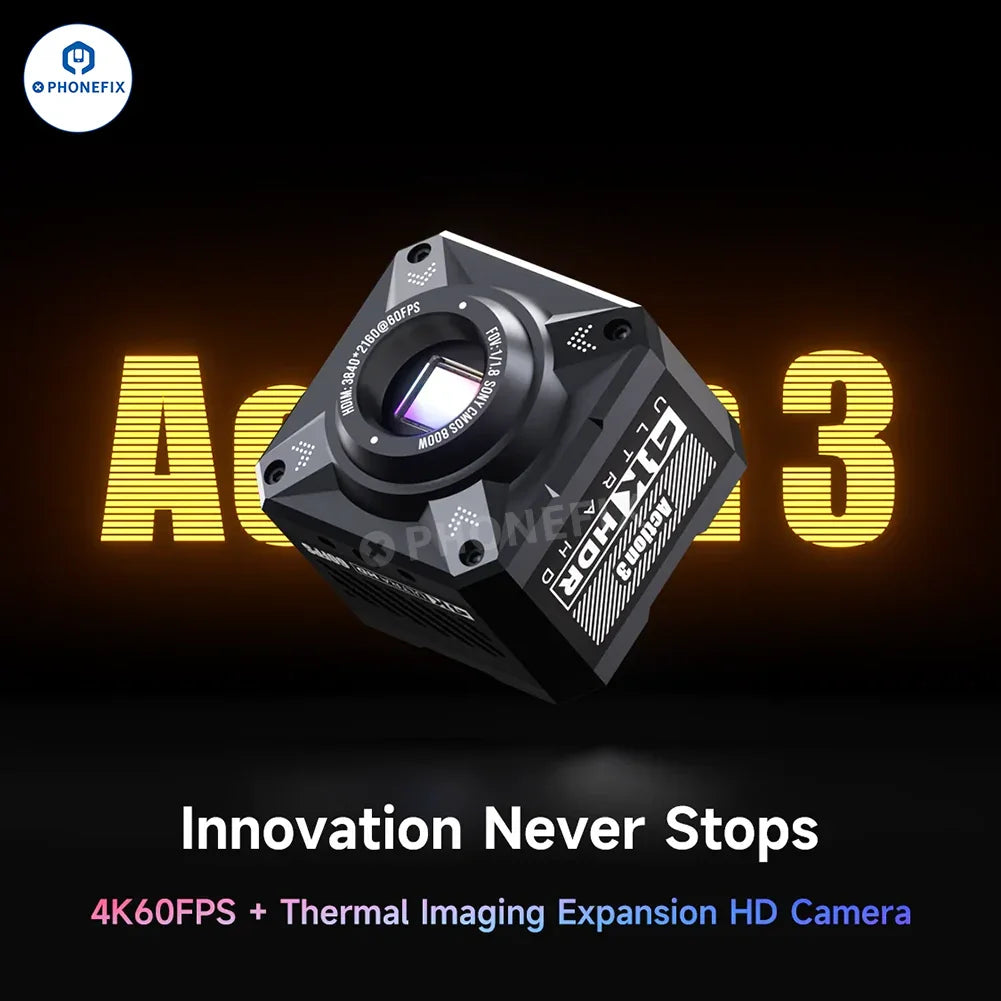 PHONEFIX MECHANIC Action3 4K microscope camera with optical and thermal imaging display, designed for high-resolution inspection.