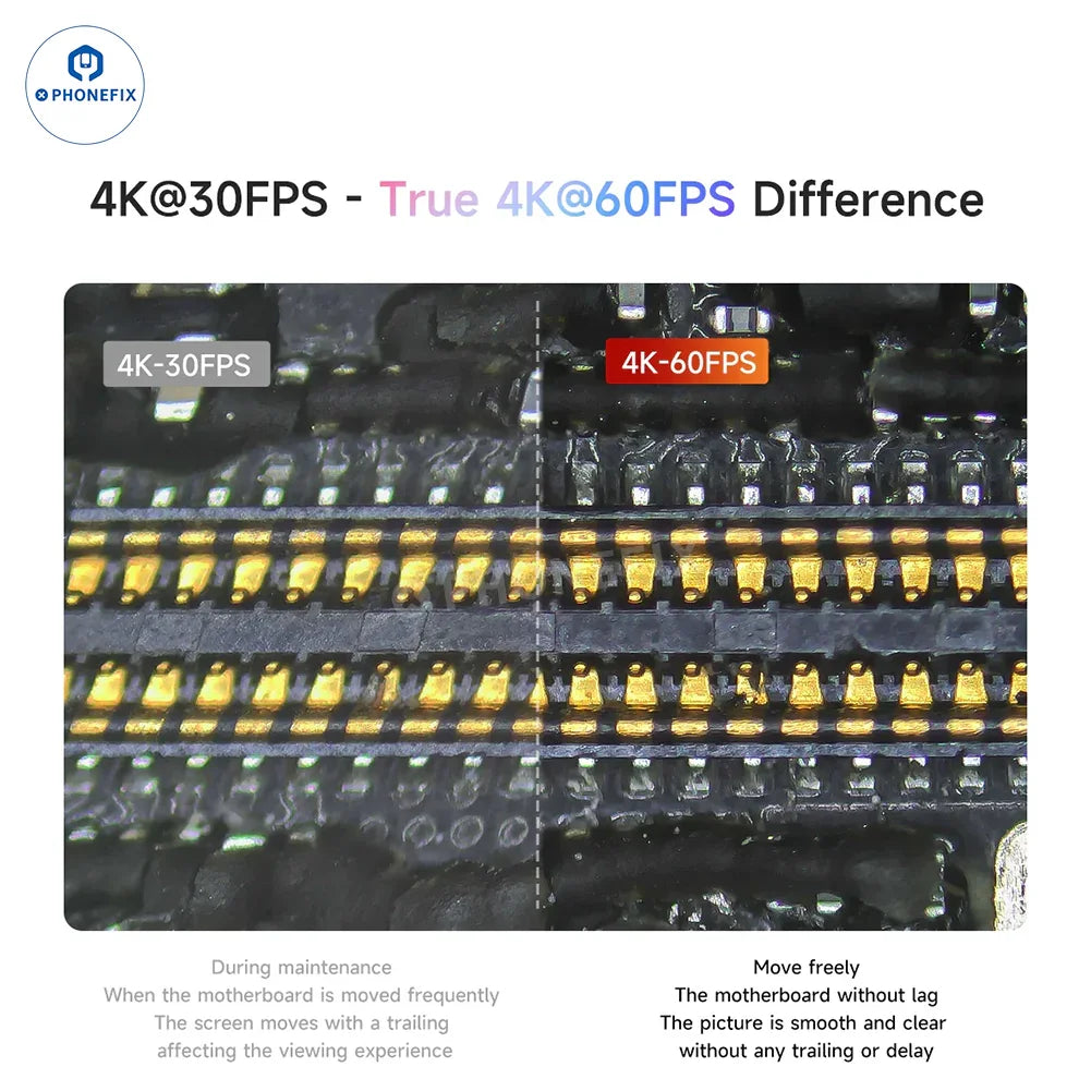 PHONEFIX MECHANIC Action3 4K microscope camera with optical and thermal imaging display, ideal for detailed inspection.