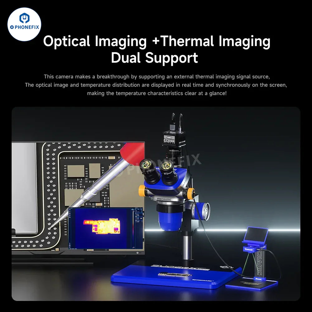 PHONEFIX MECHANIC Action3 4K microscope camera with 60FPS optical and thermal imaging display for detailed inspection.